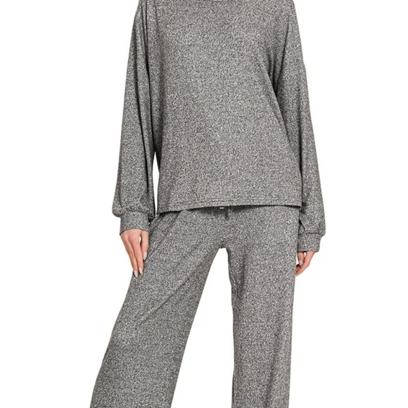 Zenana Soft Melange Hacci Long Slv Tee & Pants Set - Picture 3 of 3
